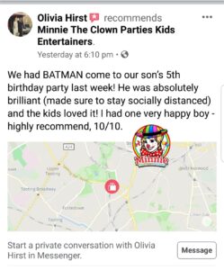 5 Star Review for Social Distancing Children's Entertainers from Minnie The Clown Parties